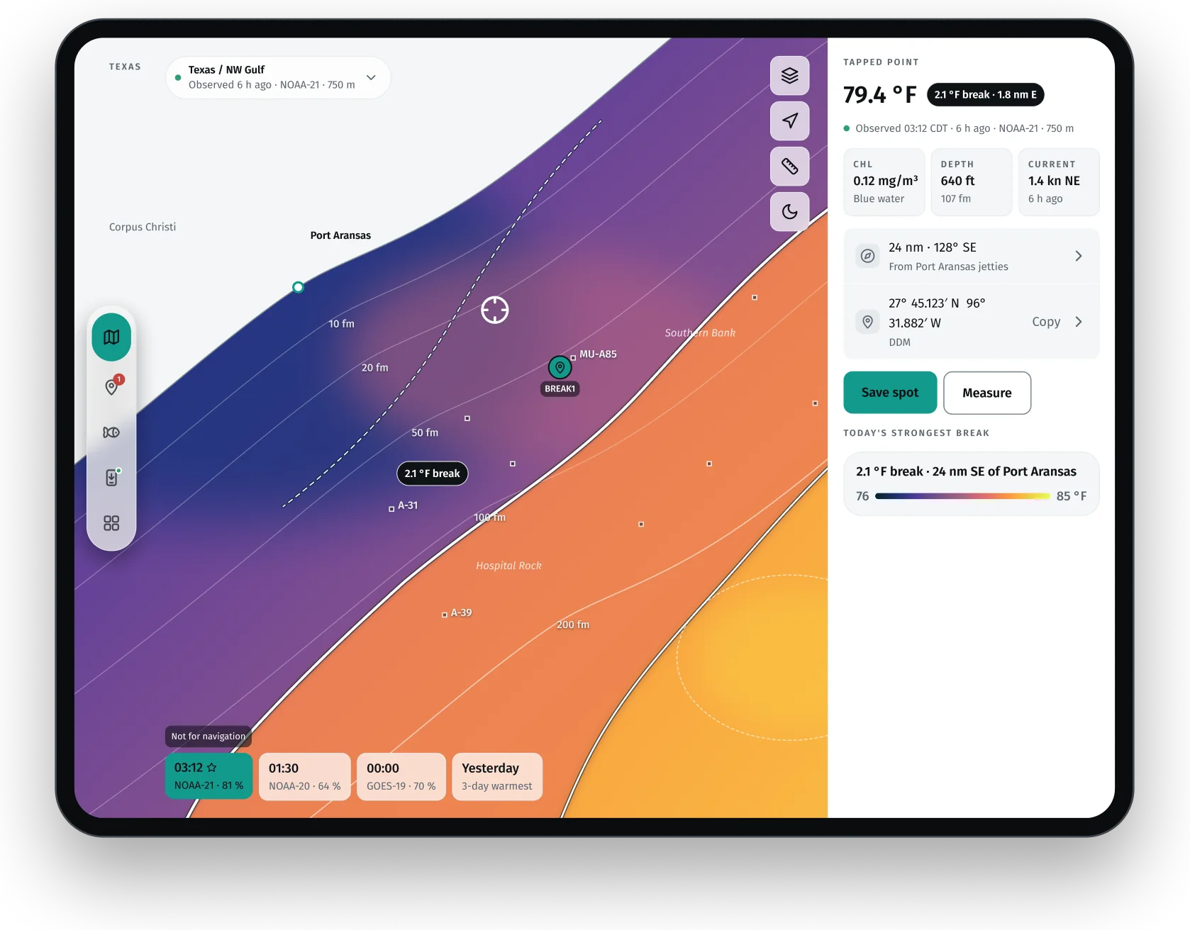iPad with the map edge to edge and the readout in a side panel.