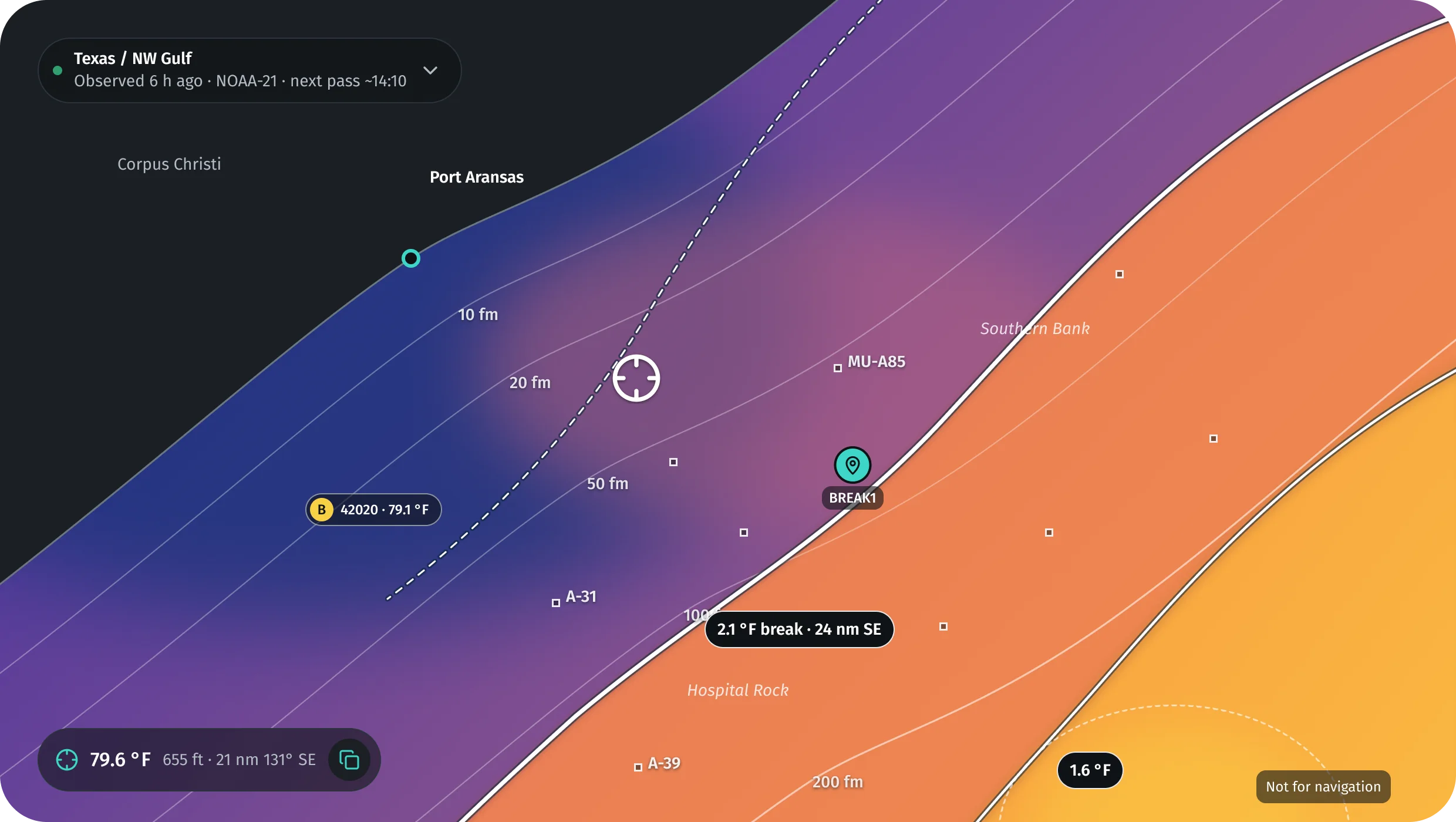 Map of the Texas coast with sea temperature in colour, break lines labelled 2.1 °F, a saved spot, NOAA buoy 42020 at 79.1 °F and the readout at the crosshair.