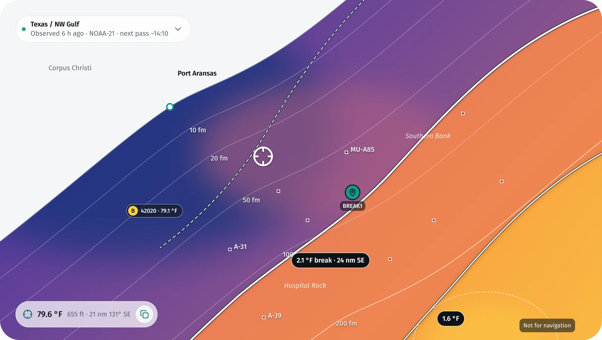 Map of the Texas coast with sea temperature in colour, break lines labelled 2.1 °F, a saved spot, NOAA buoy 42020 at 79.1 °F and the readout at the crosshair.