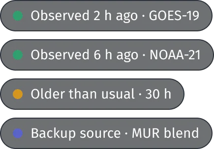 Badges: Observed 2 h ago · GOES-19, Observed 6 h ago · NOAA-21, Older than usual · 30 h, Backup source · MUR blend.